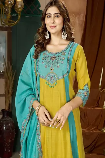 Embroidered chanderi anarkali kurta with pant & dupatta set for women