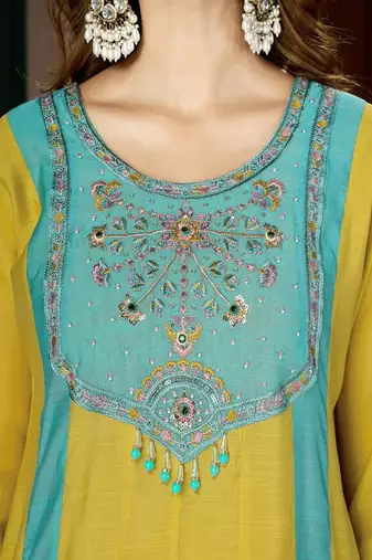 Embroidered chanderi anarkali kurta with pant & dupatta set for women