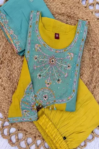 Embroidered chanderi anarkali kurta with pant & dupatta set for women