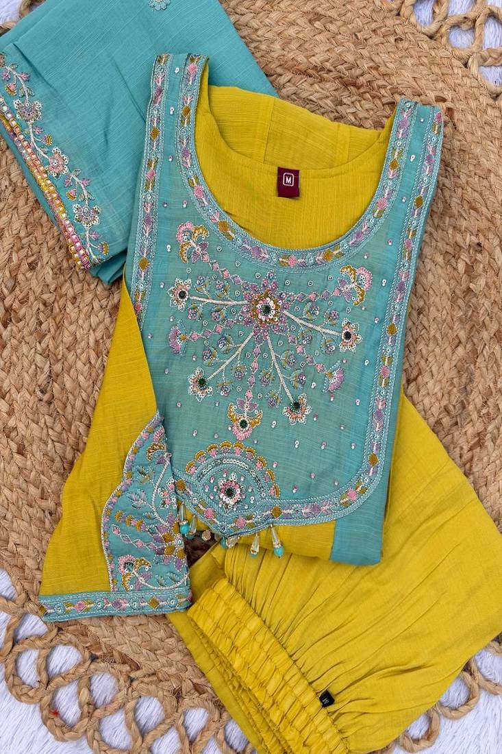 Embroidered chanderi anarkali kurta with pant & dupatta set for women