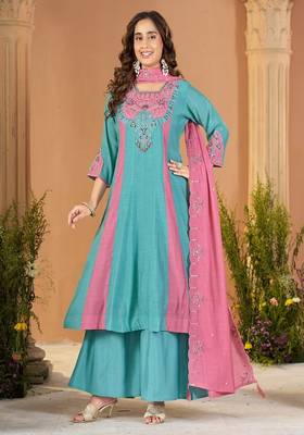 Embroidered chanderi anarkali kurta with pant & dupatta set for women 1