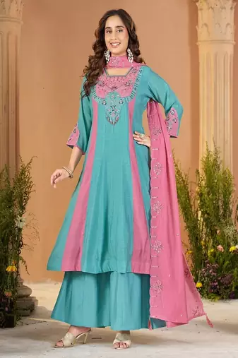 Embroidered chanderi anarkali kurta with pant & dupatta set for women