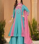 Embroidered chanderi anarkali kurta with pant & dupatta set for women