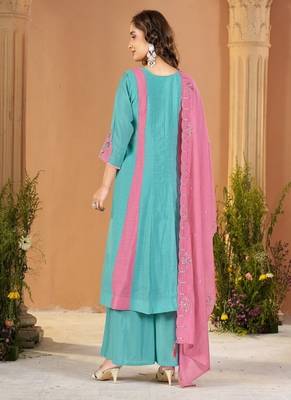 Embroidered chanderi anarkali kurta with pant & dupatta set for women 2
