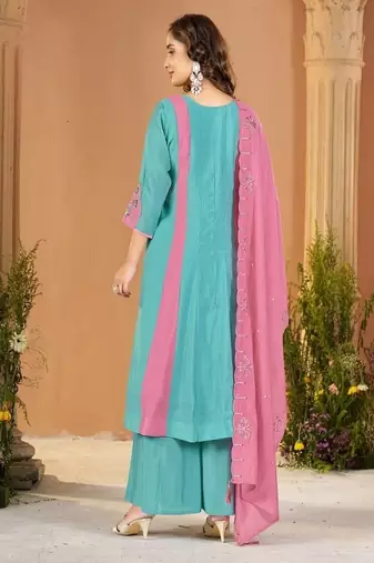 Embroidered chanderi anarkali kurta with pant & dupatta set for women