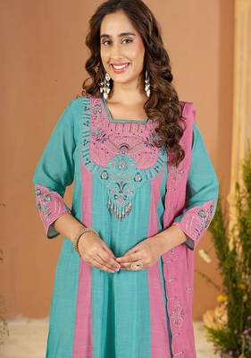 Embroidered chanderi anarkali kurta with pant & dupatta set for women 3