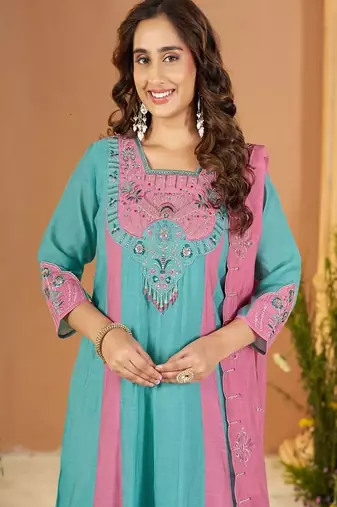 Embroidered chanderi anarkali kurta with pant & dupatta set for women