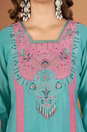 Embroidered chanderi anarkali kurta with pant & dupatta set for women