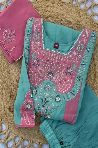 Embroidered chanderi anarkali kurta with pant & dupatta set for women