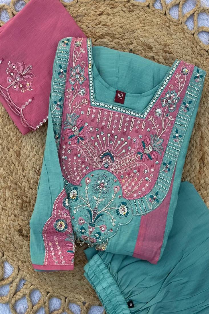 Embroidered chanderi anarkali kurta with pant & dupatta set for women
