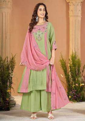 Embroidered chanderi anarkali kurta with pant & dupatta set for women 1