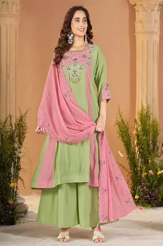 Embroidered chanderi anarkali kurta with pant & dupatta set for women