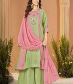 Embroidered chanderi anarkali kurta with pant & dupatta set for women