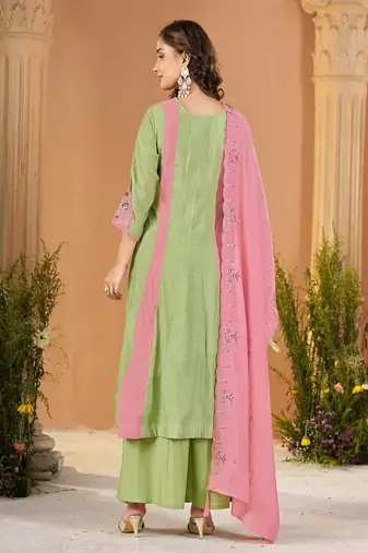 Embroidered chanderi anarkali kurta with pant & dupatta set for women