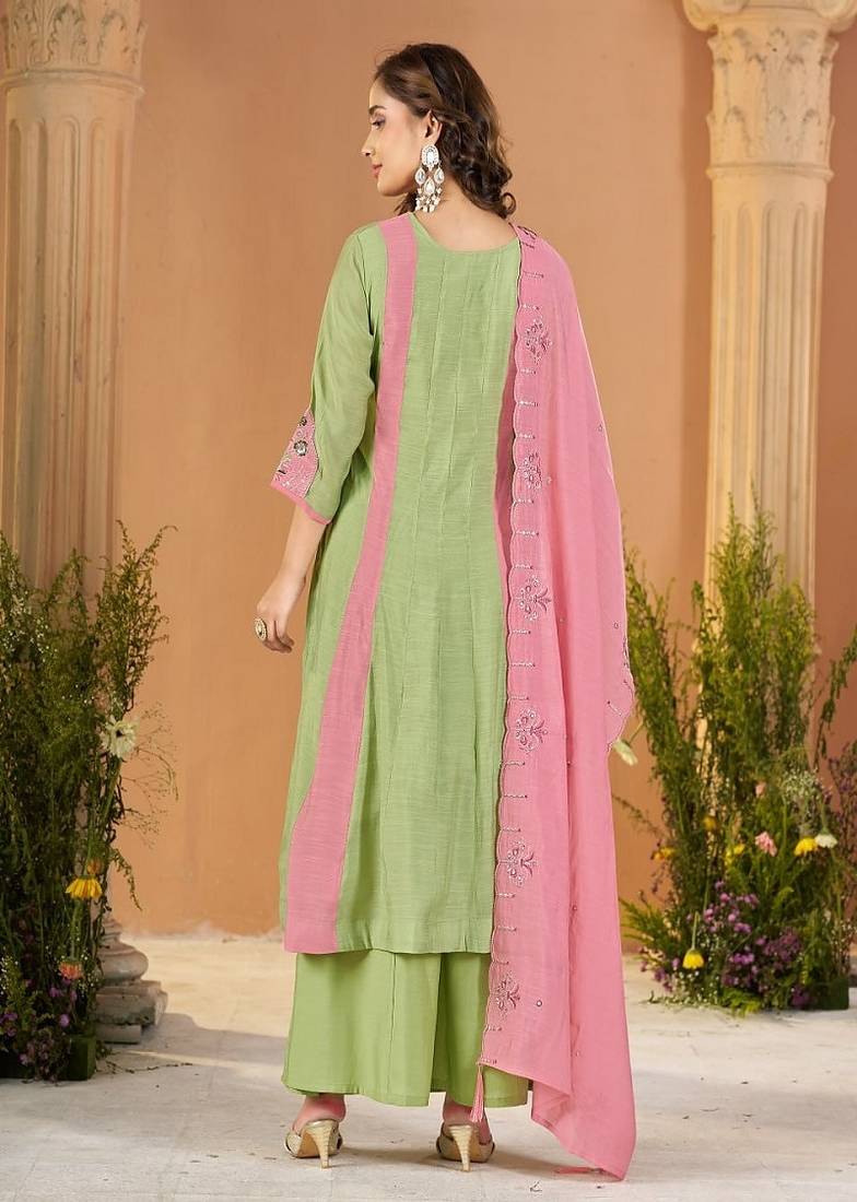 Embroidered chanderi anarkali kurta with pant & dupatta set for women