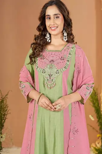Embroidered chanderi anarkali kurta with pant & dupatta set for women