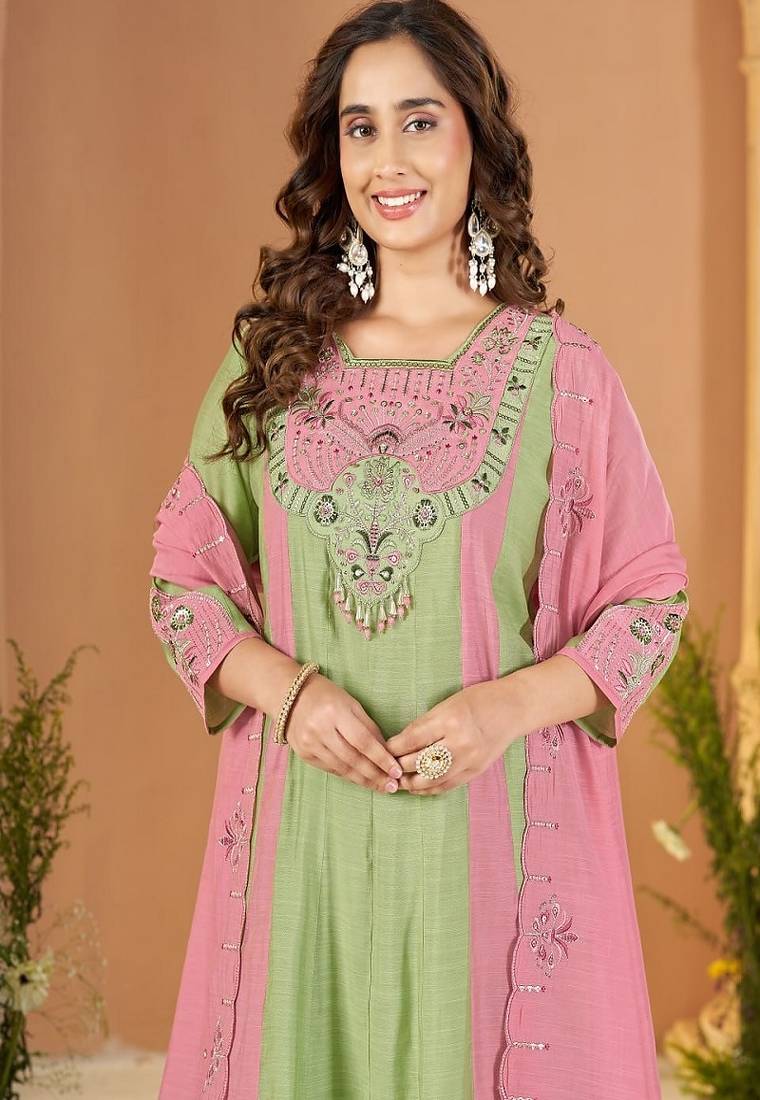 Embroidered chanderi anarkali kurta with pant & dupatta set for women