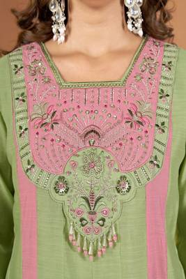 Embroidered chanderi anarkali kurta with pant & dupatta set for women 4