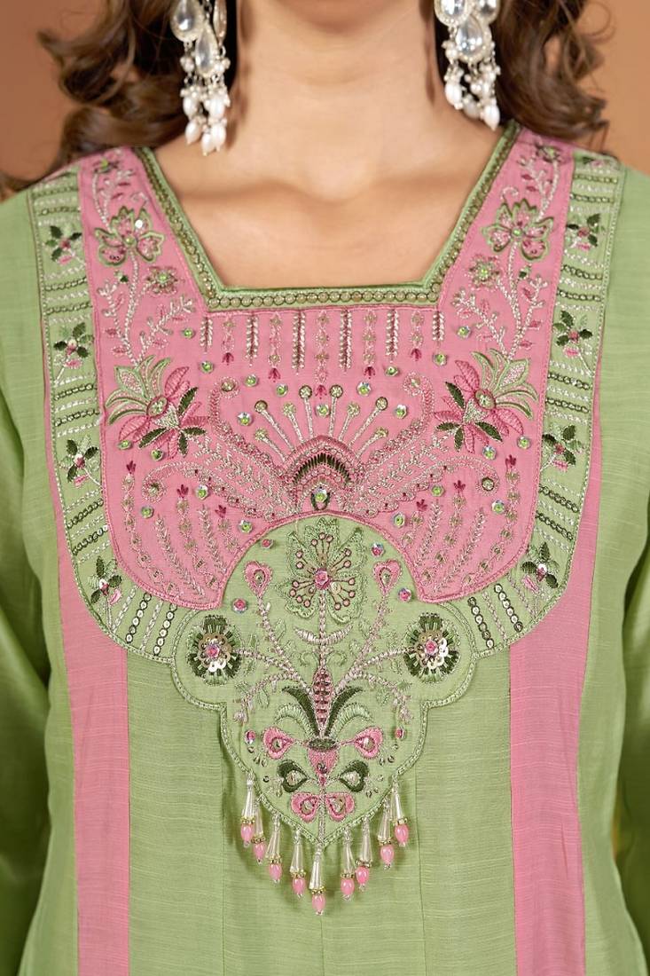 Embroidered chanderi anarkali kurta with pant & dupatta set for women