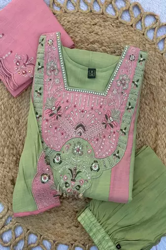 Embroidered chanderi anarkali kurta with pant & dupatta set for women