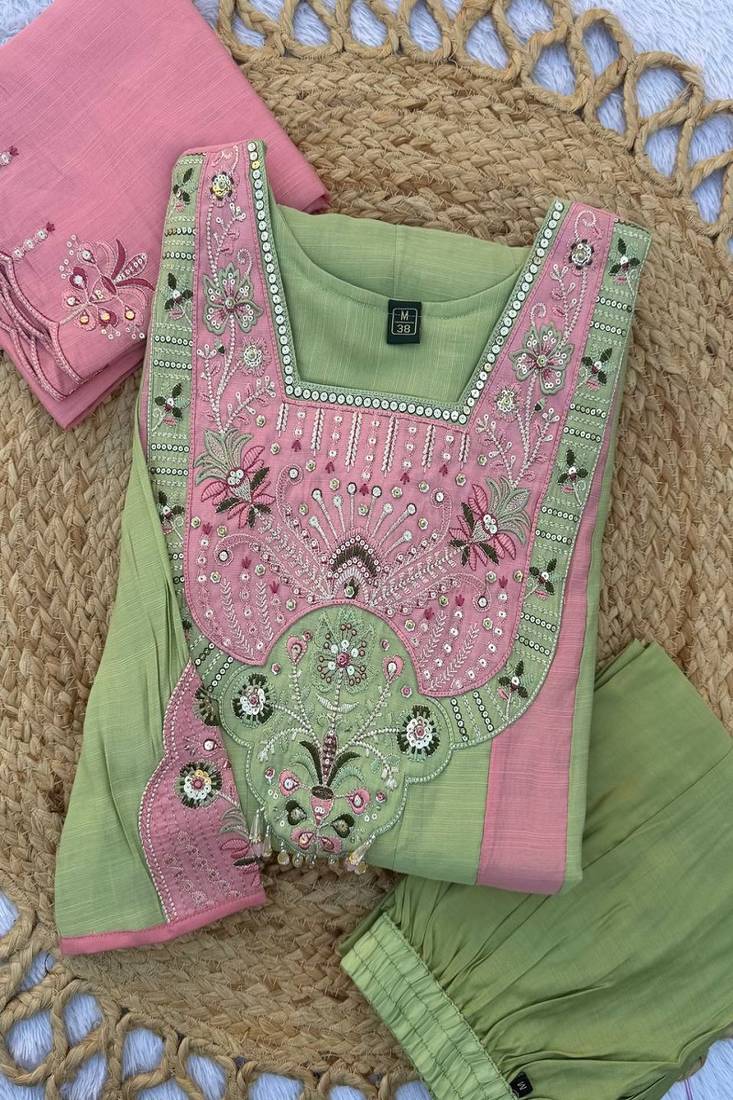 Embroidered chanderi anarkali kurta with pant & dupatta set for women