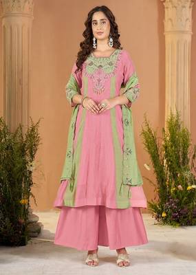 Embroidered chanderi anarkali kurta with pant & dupatta set for women 1
