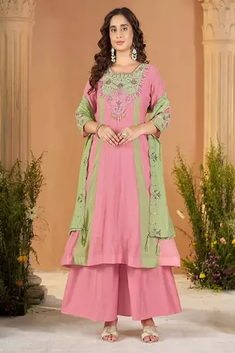 Embroidered chanderi anarkali kurta with pant & dupatta set for women