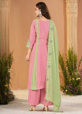 Embroidered chanderi anarkali kurta with pant & dupatta set for women 2