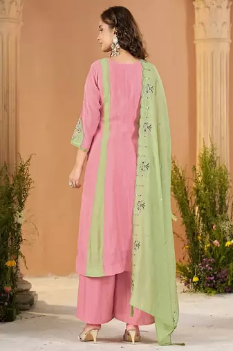 Embroidered chanderi anarkali kurta with pant & dupatta set for women