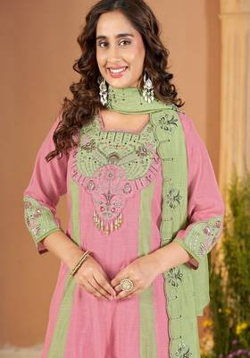 Embroidered chanderi anarkali kurta with pant & dupatta set for women 3