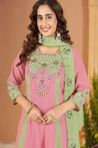 Embroidered chanderi anarkali kurta with pant & dupatta set for women