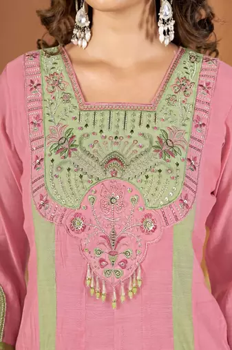 Embroidered chanderi anarkali kurta with pant & dupatta set for women