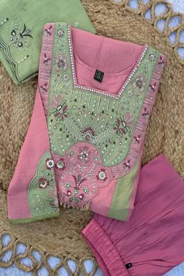 Embroidered chanderi anarkali kurta with pant & dupatta set for women 5