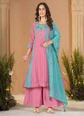 Embroidered chanderi anarkali kurta with pant & dupatta set for women 1