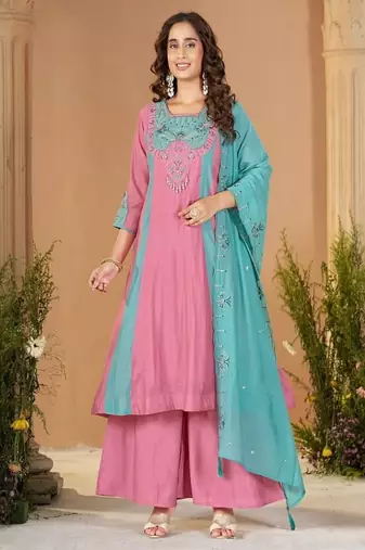 Embroidered chanderi anarkali kurta with pant & dupatta set for women