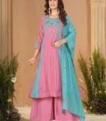 Embroidered chanderi anarkali kurta with pant & dupatta set for women