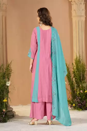 Embroidered chanderi anarkali kurta with pant & dupatta set for women