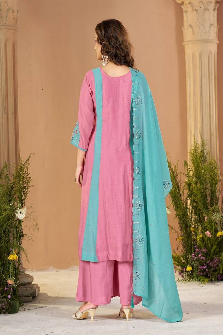 Embroidered chanderi anarkali kurta with pant & dupatta set for women