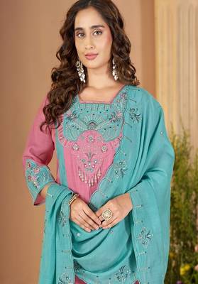 Embroidered chanderi anarkali kurta with pant & dupatta set for women 3