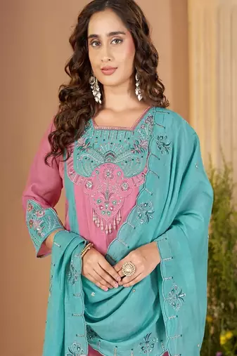 Embroidered chanderi anarkali kurta with pant & dupatta set for women