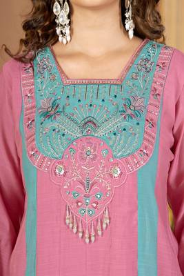 Embroidered chanderi anarkali kurta with pant & dupatta set for women 4