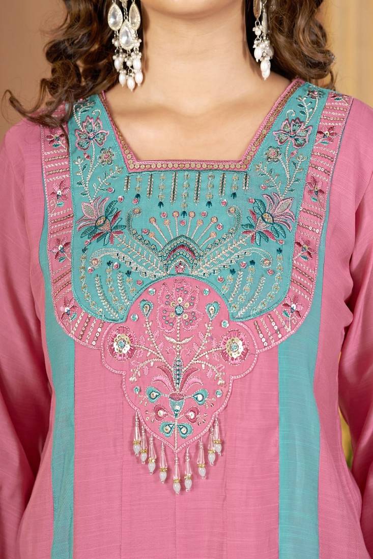 Embroidered chanderi anarkali kurta with pant & dupatta set for women