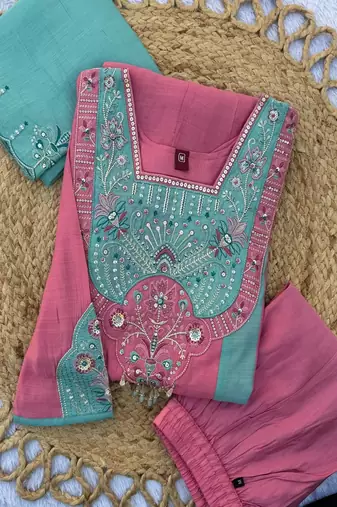 Embroidered chanderi anarkali kurta with pant & dupatta set for women