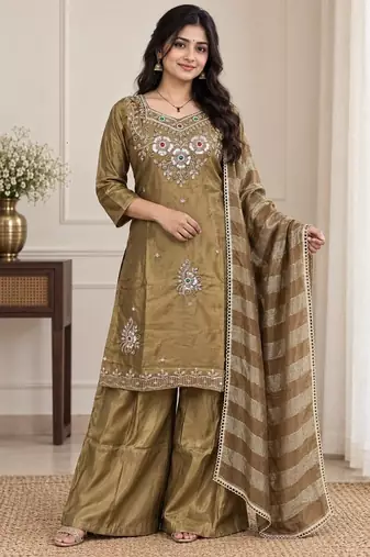 Embroidered silk kurta with pant & dupatta set for women