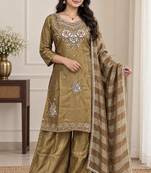 Embroidered silk kurta with pant & dupatta set for women