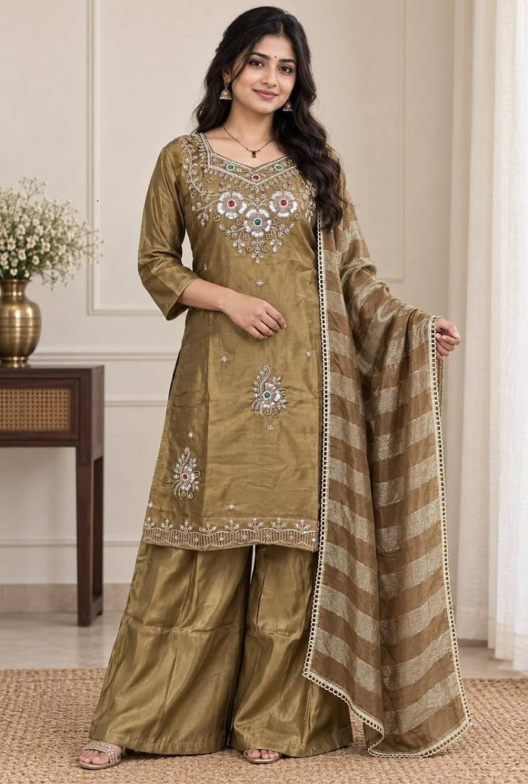 Embroidered silk kurta with pant & dupatta set for women