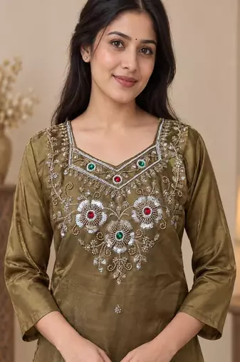 Embroidered silk kurta with pant & dupatta set for women