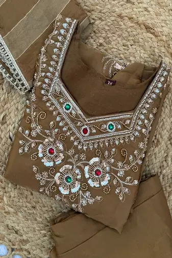 Embroidered silk kurta with pant & dupatta set for women