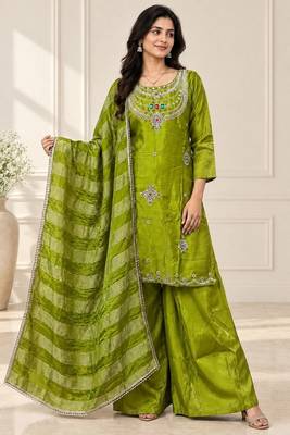 Embroidered silk kurta with pant & dupatta set for women 1