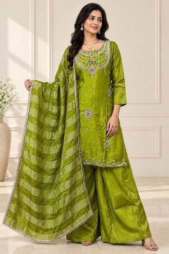 Embroidered silk kurta with pant & dupatta set for women